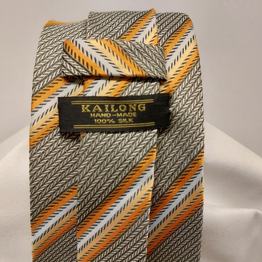 Kailong Tie Diagonal Striped‎ Blue Orange Yellow Necktie Silk Handmade 58